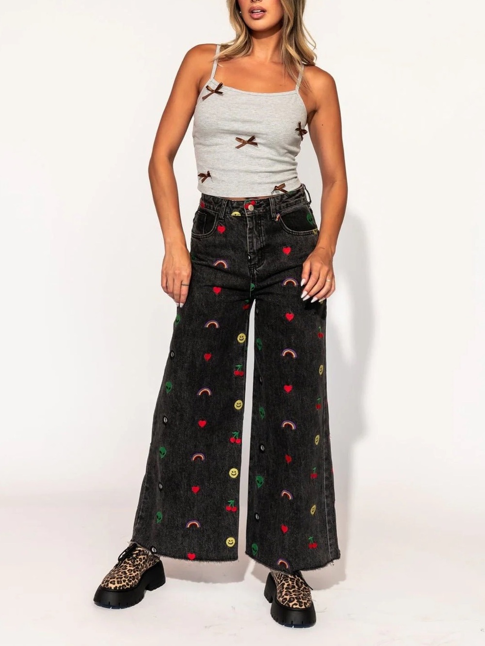 Dressed in LALA Black Wide-Leg Jeans with Multicolor Emoji Embroidered Motifs